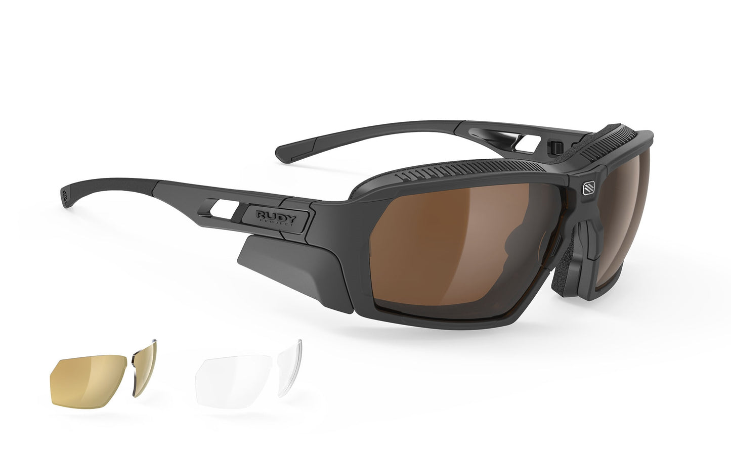 Load image into Gallery viewer, Rudy Project Agent Q Black Matte Rp Optics Hi Altitude+ Elastic Strap And Shield Interface+ Multilaser Gold+ Trasparent Lenses Sunglasses

